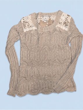 American Rag Women's Beige Lace-Shoulder Knit, Gauzy Sweater, Super Light Weight